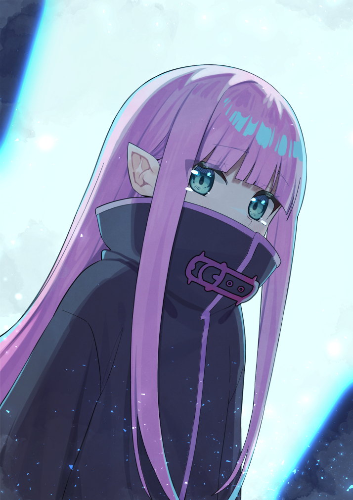 1girl, bangs, black_jacket, blurry, blurry_background, commentary_request, covering_mouth, depth_of_field, eyebrows_visible_through_hair, green_eyes, high_collar, jacket, long_hair, looking_at_viewer, pink_hair, pointy_ears, re:zero_kara_hajimeru_isekai_seikatsu, ryuzu_meyer, sidelocks, solo, syhan, very_long_hair