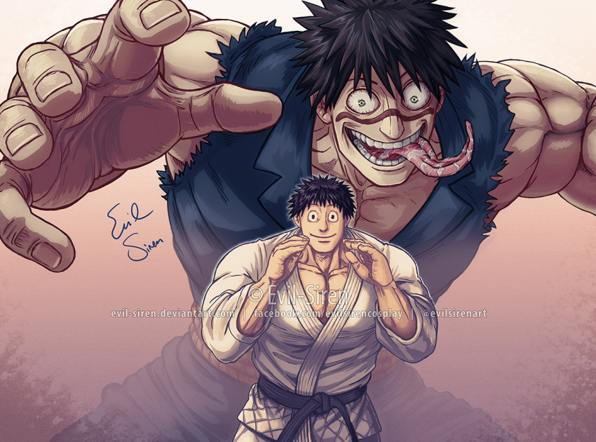 2boys, belt, black_belt, black_hair, crazy_eyes, deviantart_username, dougi, english_commentary, evil-siren, facebook_username, fighting_stance, gradient, gradient_background, green_eyes, hands, hayami_masaki, kengan_ashura, kengan_omega, long_tongue, meguro_masaki, multiple_boys, muscular, muscular_male, no_pupils, open_mouth, short_hair, signature, sleeveless, smile, teeth, tongue, torn_clothes, twitter_username, upper_body
