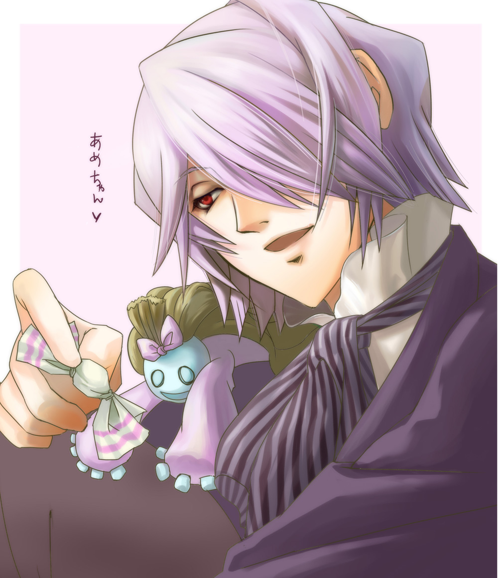 debii, doll, hair_over_one_eye, male, pandora_hearts, red_eyes, silver_hair, xerxes_break