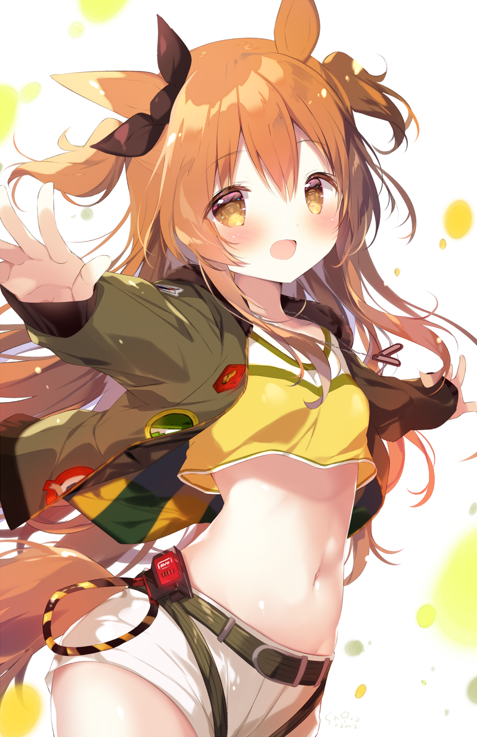 1girl, :d, animal_ears, bangs, belt, belt_buckle, black_belt, black_ribbon