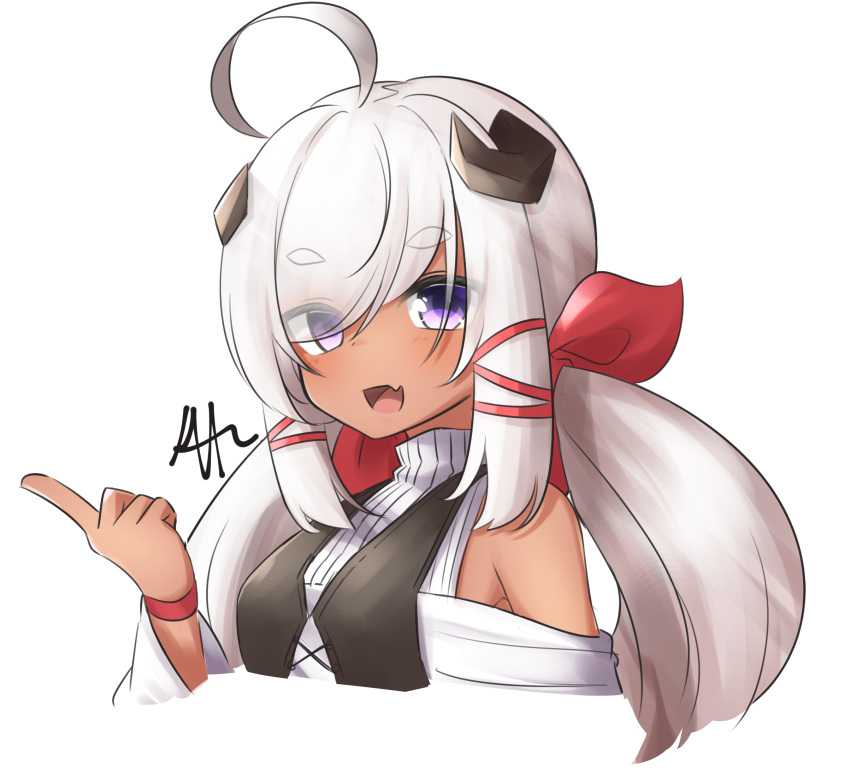 1girl, :d, ahoge, black_vest, bow, eyes_visible_through_hair, fang, hair_bow, haira_(klaius), hand_up, highres, horns, index_finger_raised, klaius, long_hair, looking_at_viewer, open_mouth, original, red_bow, simple_background, skin_fang, smile, solo, twintails, upper_body, vest, violet_eyes, white_background, wristband