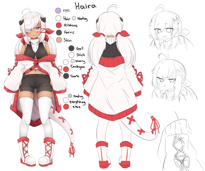 1girl, :t, absurdres, ahoge, black_shorts, black_vest, boots, bow, cardigan, character_name, closed_mouth, color_guide, concept_art, d:, expressions, eyes_visible_through_hair, fang, hair_bow, haira_(klaius), highres, horns, jitome, klaius, lizard_tail, looking_at_viewer, multiple_views, off_shoulder, open_mouth, original, pigeon-toed, red_bow, red_ribbon, ribbed_sweater, ribbon, short_shorts, shorts, skin_fang, smile, standing, sweater, tail, tail_ornament, tail_ribbon, tears, thigh-highs, twintails, vest, violet_eyes, white_cardigan, white_footwear, white_hair, white_legwear, white_sweater