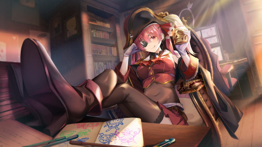 1girl, :q, absurdres, aritsuno, arrow_through_heart, bicorn, blurry, bodystocking, bookshelf, boots, breasts, chair, coat, crossed_legs, cup, depth_of_field, eyepatch, flag, hat, highres, hololive, houshou_marine, manga_(object), marker, minato_aqua, monitor, murasaki_shion, off_shoulder, office_chair, pirate_hat, red_eyes, redhead, shiranui_flare, shirogane_noel, sketchbook, solo, thigh-highs, tongue, tongue_out, usada_pekora, virtual_youtuber