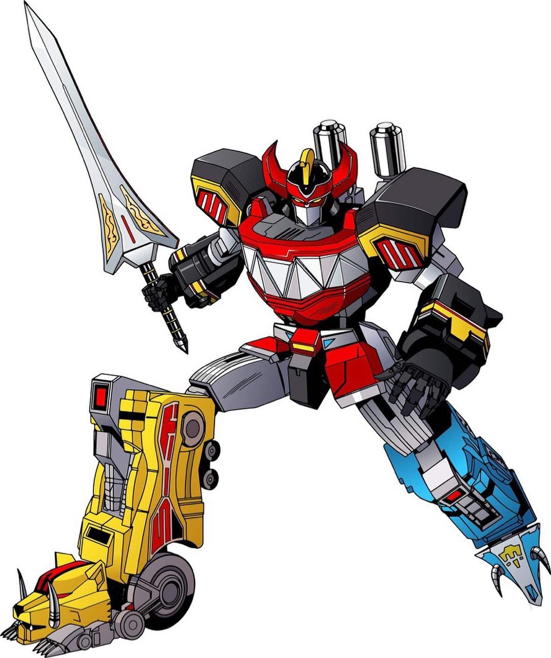collaboration, dan_mora, english_commentary, highres, holding, holding_sword, holding_weapon, horns