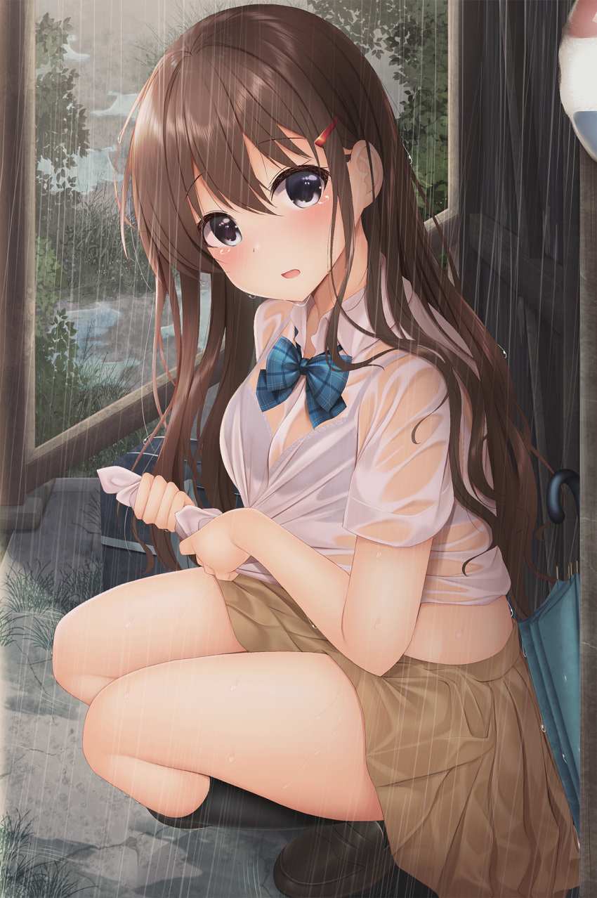 1girl, bag, bangs, black_eyes, black_legwear, blush, bow, bra_through_clothes