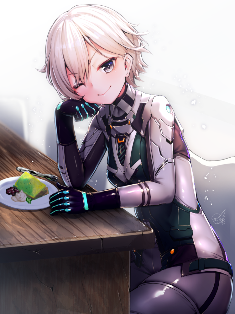 1girl, alice_gear_aegis, beans, bodysuit, cake, closed_mouth, commentary_request, doyouwantto, food, fork, looking_at_viewer, necktie, nikaido_tsukasa, one_eye_closed, signature, sitting, smile, solo, violet_eyes, white_hair