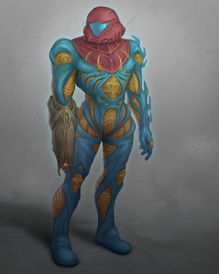 1girl, absurdres, arm_cannon, full_body, fusion_suit, grey_background, h.r._giger_(style), highres