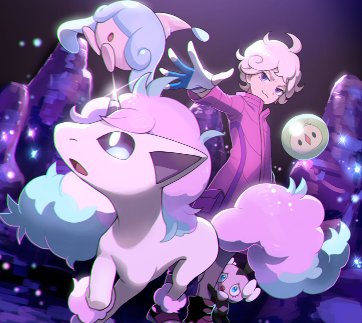 1boy, ahoge, bangs, bede_(pokemon), cave_interior, closed_mouth, coat, commentary_request