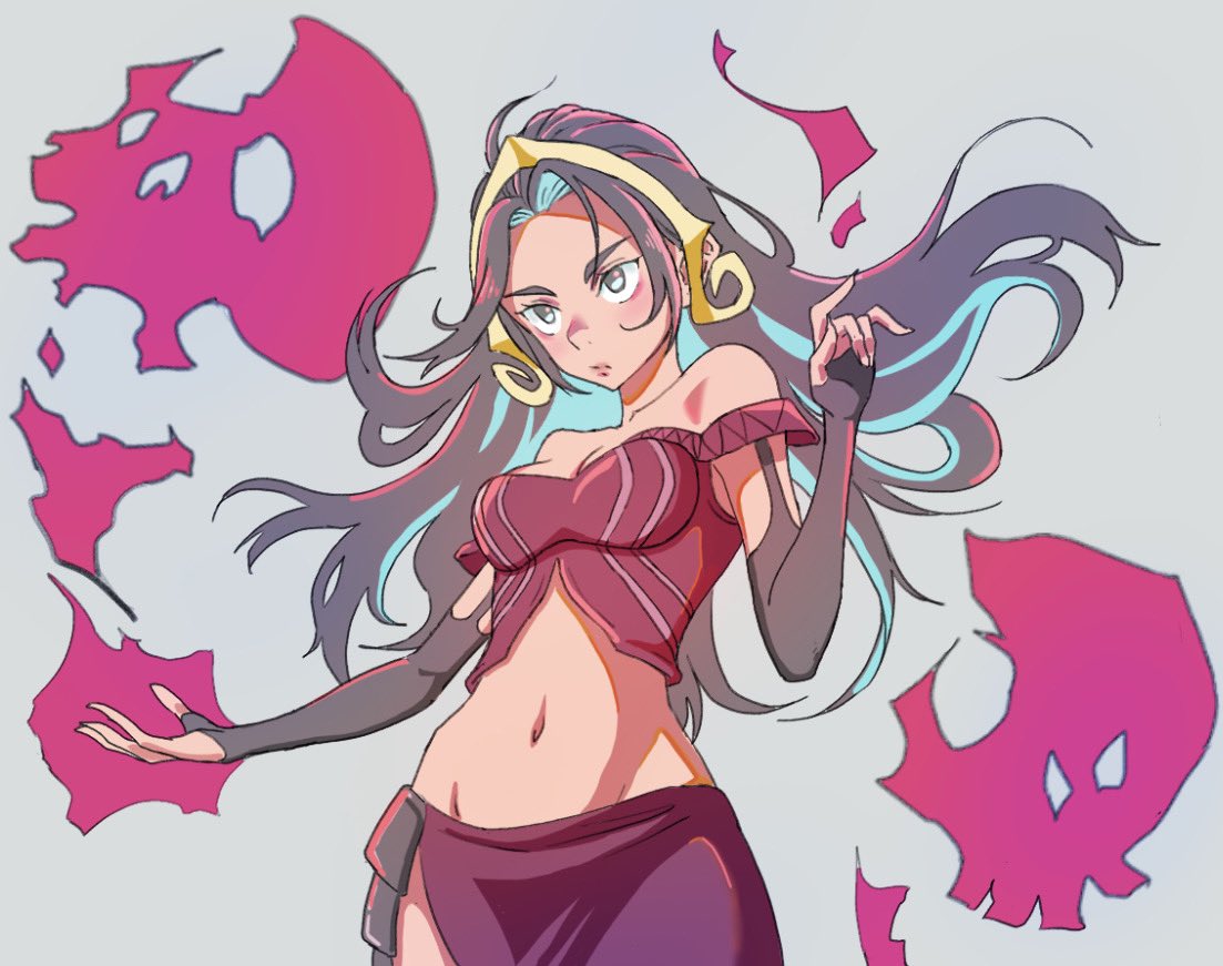 1girl, adapted_costume, ao_mtg, black_hair, blue_hair, blush, bridal_gauntlets, collarbone, commentary_request, cowboy_shot, energy, floating_skull, grey_background, grey_eyes, groin, headpiece, hip_armor, liliana_vess, long_hair, magic:_the_gathering, midriff, multicolored_hair, navel, pink_hair, sarong, shadow, simple_background, solo, strapless, underbust