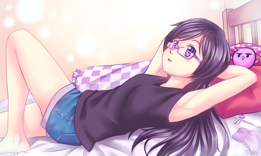1girl, armpits, arms_behind_head, bare_arms, bare_legs, bare_shoulders, barefoot, black_hair