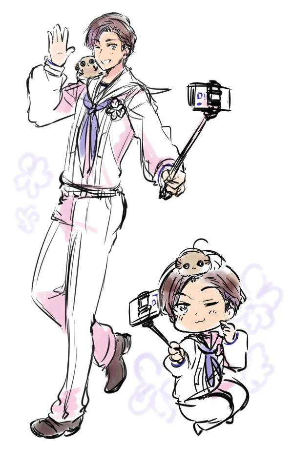 1boy, 3:, animal_on_head, axis_powers_hetalia, brown_hair, cellphone, chibi, dark_skin, flower, himaruya_hidekazu, official_art, on_head, one_eye_closed, pants, philippines_(hetalia), phone, sailor_collar, scarf, selfie_stick, shirt, smile, tarsier, white_background, white_pants, white_shirt