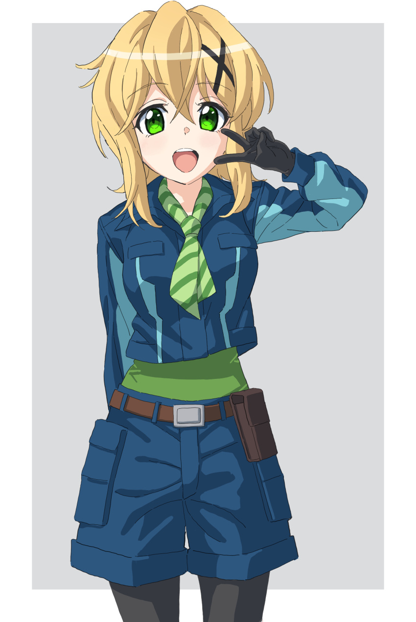 1girl, absurdres, akatsuki_kirika, black_gloves, black_legwear, blonde_hair, blue_jacket, blue_shorts