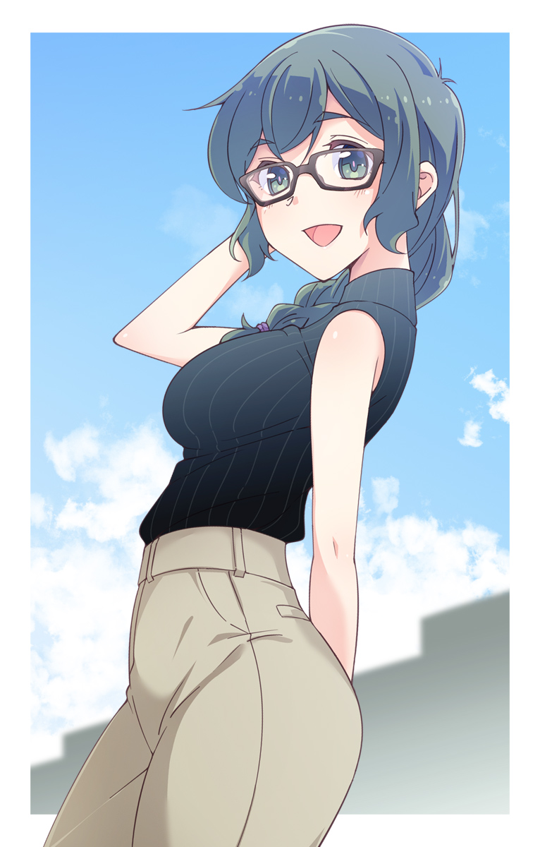 1girl, arm_behind_back, arm_behind_head, bangs, bare_arms, bare_shoulders, black-framed_eyewear, black_eyes