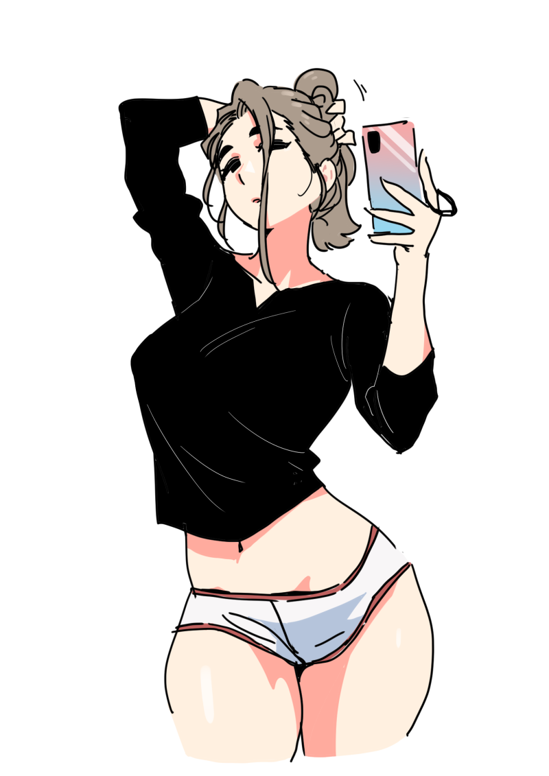 1girl, black_eyes, black_sweater, breasts, brown_hair, cellphone, cropped_legs, folded_ponytail