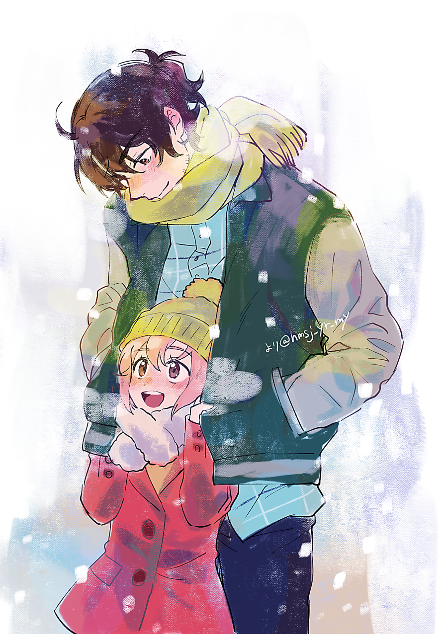 1boy, 1girl, aragaki_jotaro, aragaki_rei, black_hair, black_pants, brown_eyes, coat, father_and_daughter, fur_trim, hair_between_eyes, hand_in_pocket, hands_in_pockets, highres, hmsj_yr_my, jacket, long_sleeves, outdoors, pants, pink_hair, red_coat, scarf, short_hair, snowing, standing, taiso_samurai, twitter_username, yellow_headwear, yellow_scarf