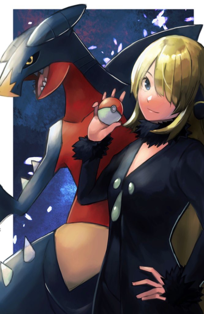 1girl, black_coat, blonde_hair, border, closed_mouth, coat, commentary_request, cynthia_(pokemon), eyelashes, fur-trimmed_coat, fur_collar, fur_trim, garchomp, gen_4_pokemon, grey_eyes, hair_ornament, hair_over_one_eye, hand_on_hip, hand_up, head_tilt, holding, holding_poke_ball, long_sleeves, nasubin_(user_tjyp5584), outside_border, poke_ball, poke_ball_(basic), pokemon, pokemon_(creature), pokemon_(game), pokemon_dppt, shiny, shiny_hair, smile, white_border