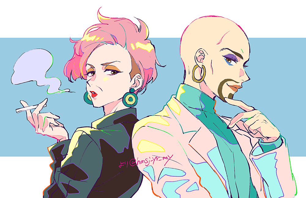 1boy, 1girl, aragaki_mari, bald, blue_background, britney_(taisou_samurai), brown_eyes, cigarette, earrings, eyeliner, eyeshadow, facial_hair, goatee, hmsj_yr_my, jewelry, labcoat, lipstick, long_sleeves, looking_at_viewer, makeup, mustache, pink_hair, simple_background, smoking, taiso_samurai, turtleneck, twitter_username, upper_body