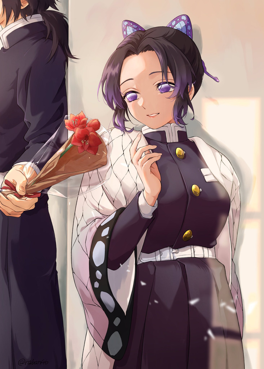 1boy, 1girl, atara_yoruki, belt, belt_buckle, birthday, black_hair, black_jacket, breasts, buckle, butterfly_hair_ornament, buttons, commentary_request, faceless, faceless_male, flower, forehead, gift, gradient_hair, hair_ornament, haori, happy_birthday, highres, holding, holding_flower, indoors, jacket, japanese_clothes, kimetsu_no_yaiba, kochou_shinobu, large_breasts, lips, long_hair, long_sleeves, looking_to_the_side, multicolored_hair, nail, parted_lips, ponytail, purple_hair, red_flower, red_ribbon, ribbon, short_hair, smile, teeth, tomioka_giyuu, two-tone_hair, uniform, violet_eyes, white_belt