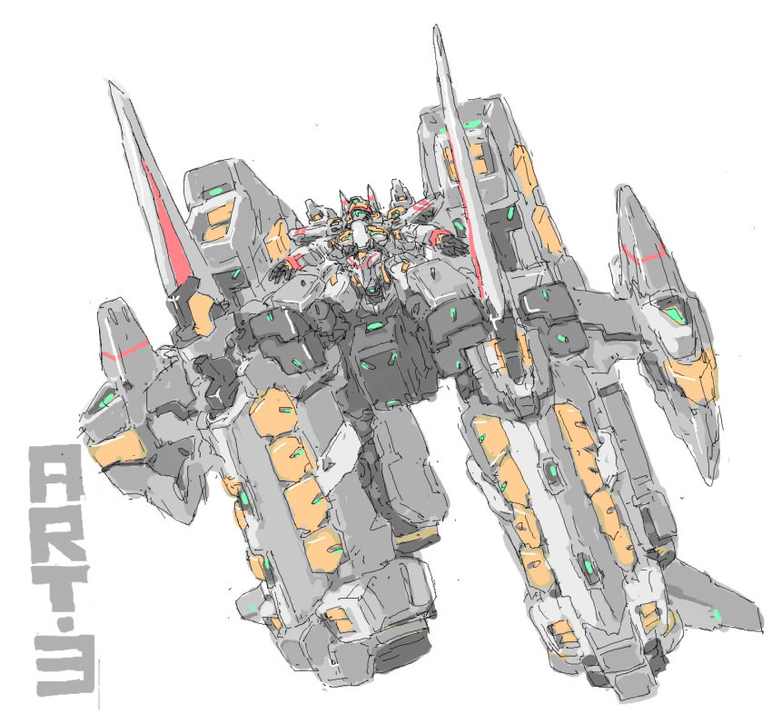 abysnova, character_name, highres, horns, looking_up, mecha, no_humans, open_hands