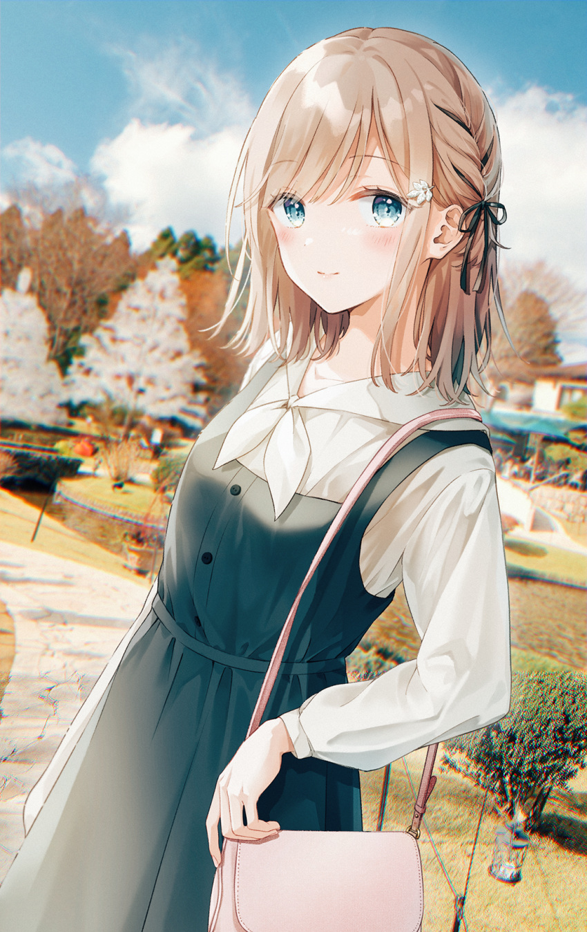 1girl, aoi_yuki, autumn, bag, bangs, black_ribbon, blonde_hair, blue_eyes