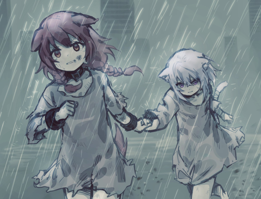 2girls, animal_ears, brown_eyes, brown_hair, cat_ears, cat_tail, city, crying, cuffs, dirty, dog_ears, dog_tail, dress, highres, holding_hands, hololive, hololive_alternative, inugami_korone, jampan0823, long_hair, multiple_girls, nekomata_okayu, outdoors, purple_hair, rain, running, shackles, tail, violet_eyes, virtual_youtuber