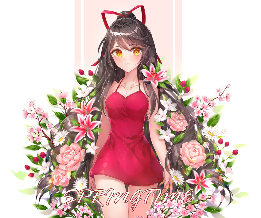 1girl, bare_arms, bare_shoulders, black_hair, breasts, closed_mouth, collarbone, cowboy_shot