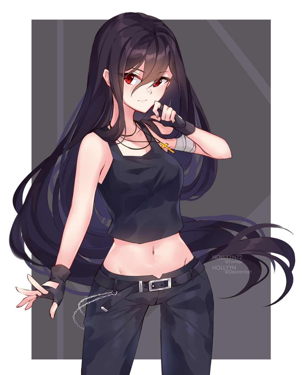 1girl, bare_arms, bare_shoulders, belt, black_gloves, black_hair, black_pants, black_shirt