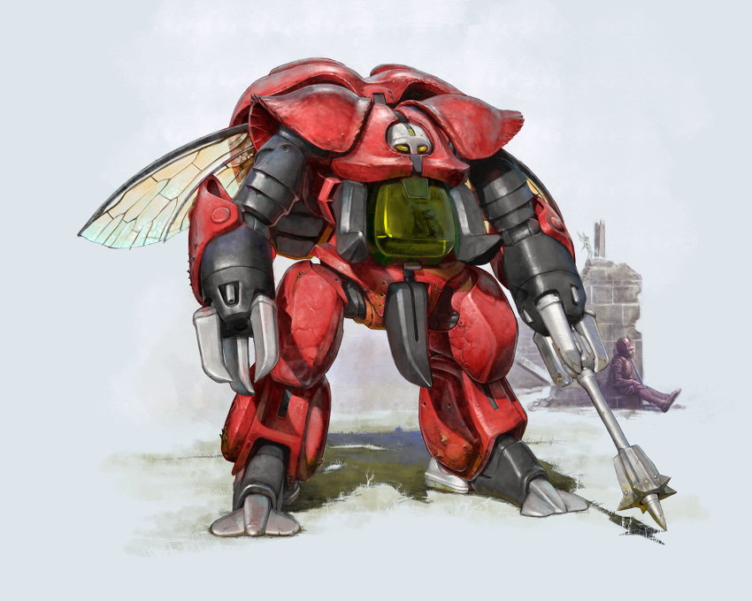 drumlo, highres, holding, holding_weapon, insect_wings, mace, mecha, nakakita_kouji, outdoors, robot, seisenshi_dunbine, shadow, simple_background, sitting, standing, weapon, white_background, wings