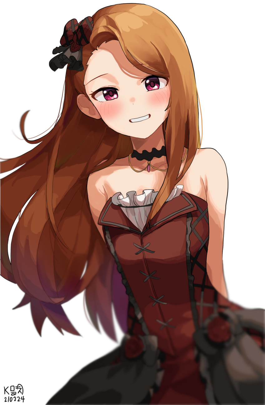 1girl, bangs, bare_shoulders, blush, bow, breasts, brown_hair, collarbone