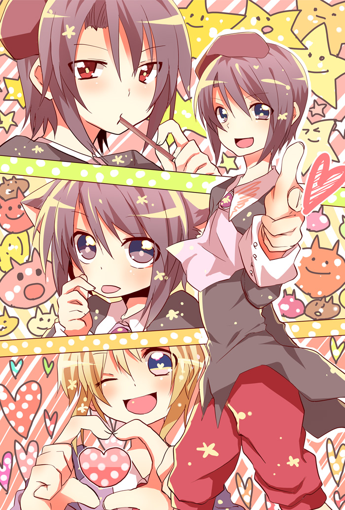 bad_id, beret, black_hair, blonde_hair, blue_eyes, hat, kanon_(umineko), pocky