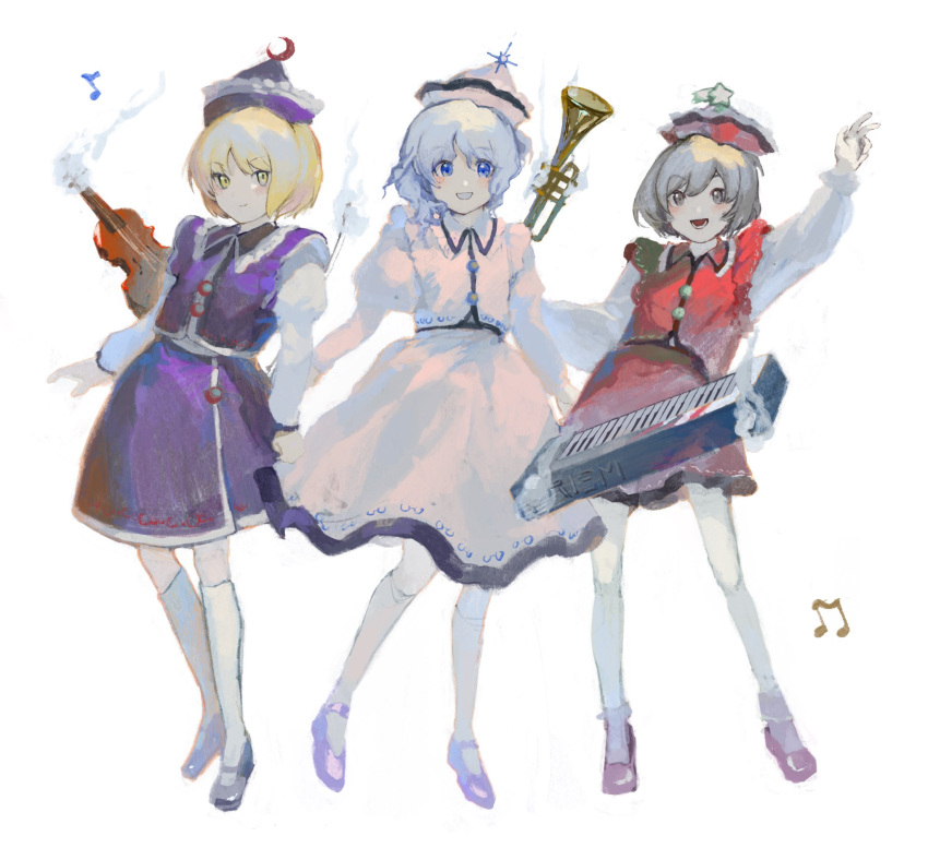 3girls, :d, arm_above_head, blonde_hair, blue_eyes, breasts, brown_eyes, brown_hair