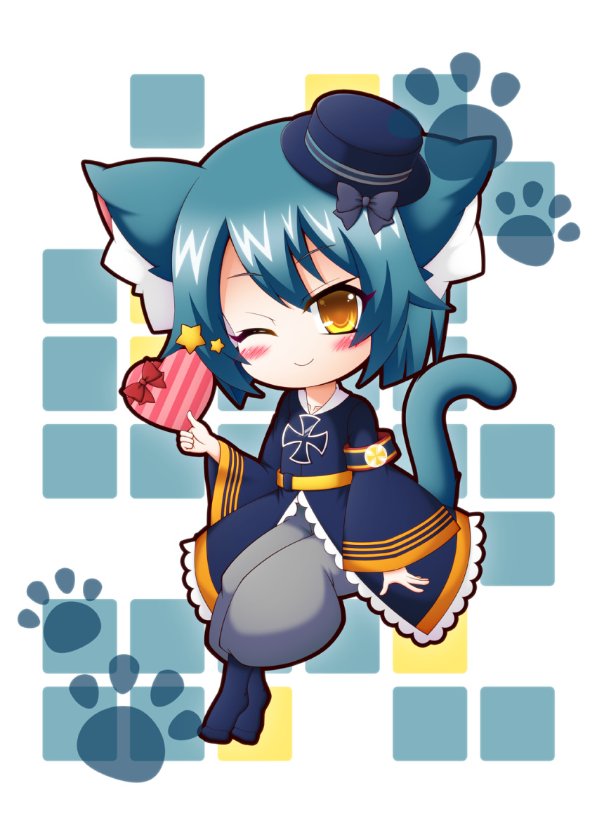 1girl, animal_ears, animal_print, azur_lane, black_dress, blue_hair, box, cat_ears