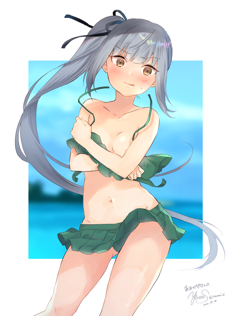 1girl, :q, artist_name, bangs, bikini, bikini_skirt, black_ribbon, blush