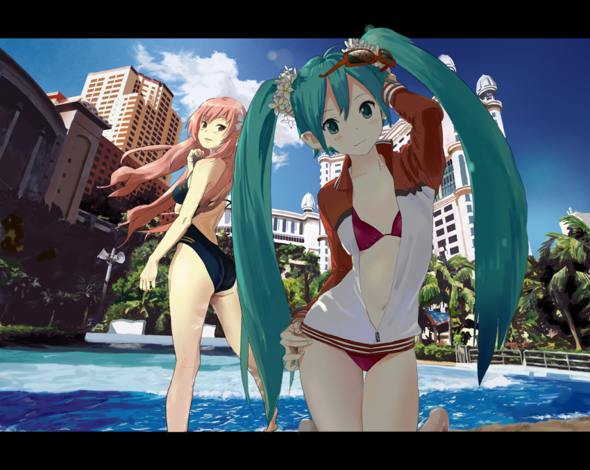 :3, aqua_eyes, aqua_hair, ass, bad_id, bikini, building, flower