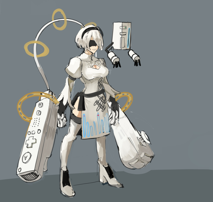 1girl, absurdres, black_blindfold, blindfold, breasts, cleavage_cutout, clothing_cutout, controller, dress, full_body, game_console, game_controller, grey_background, hairband, highres, medium_breasts, nier_(series), pun, saiykik, short_hair, side_slit, sketch, solo, standing, thigh-highs, white_dress, white_footwear, wii, wii_remote, yorha_no._2_type_b