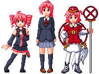 crossover, drill_hair, k-on!, kasane_teto, kawashiro_mitori, lowres, miura_akane, multiple_girls, original, parody, pink_hair, pixel_art, red_eyes, school_uniform, thighhighs, touhou, utau