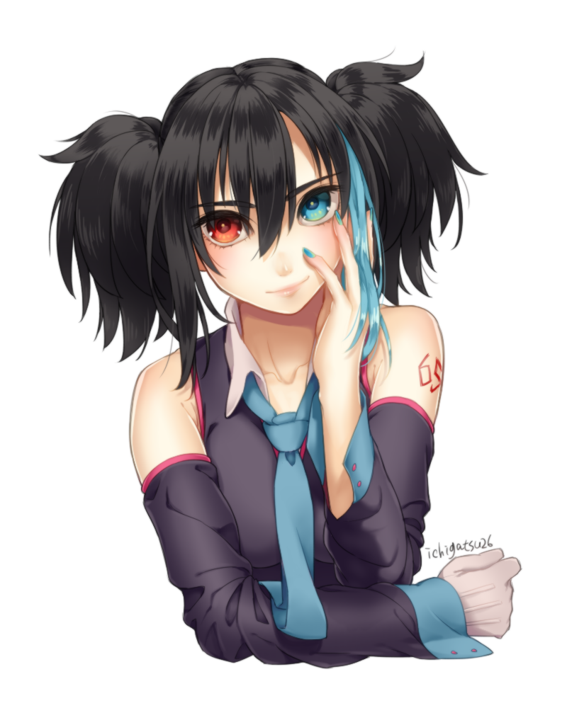 1girl, aqua_hair, aqua_neckwear, arm_support, armpit_crease, artist_name, asymmetrical_gloves, bangs
