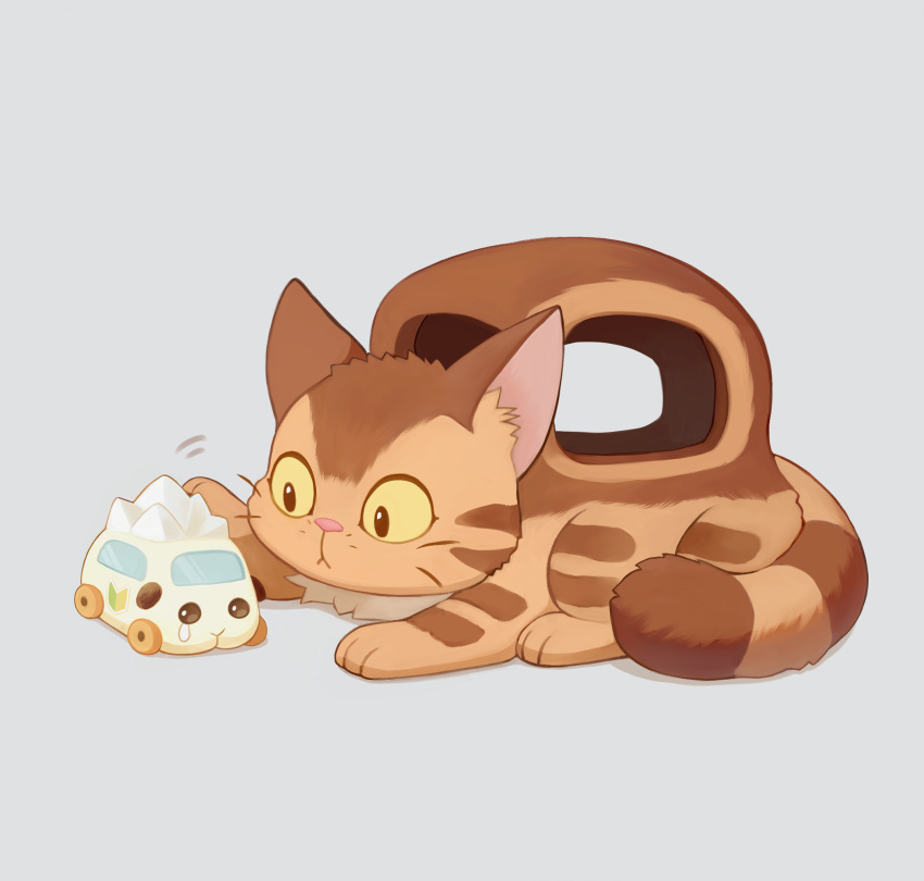 abby_(pui_pui_molcar), cat, commentary_request, crossover, crying, crying_with_eyes_open, ekoru, extra_legs, grey_background, ground_vehicle, guinea_pig, highres, looking_at_another, molcar, motion_lines, motor_vehicle, multiple_sources, nekobus, no_humans, petting, pui_pui_molcar, shoshinsha_mark, simple_background, studio_ghibli, tears, tonari_no_totoro