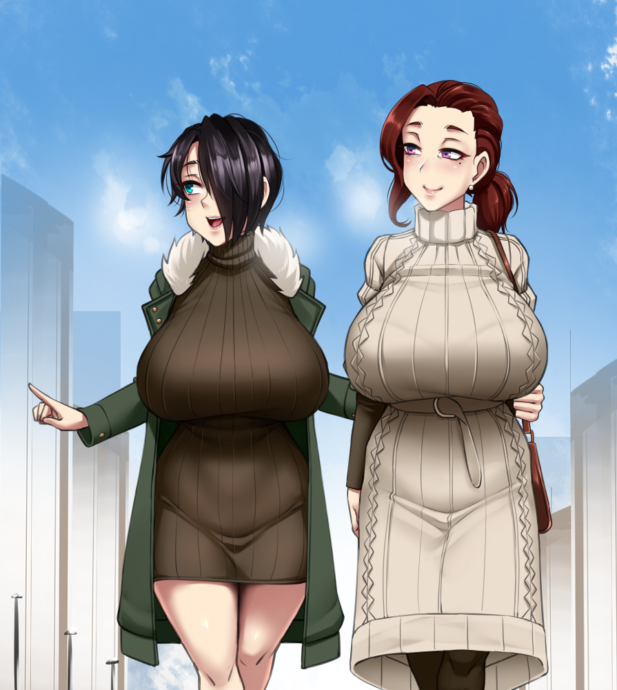 2girls, :d, aqua_eyes, ayako_(twrlare), bag, belt, black_hair, blue_sky, blush, breasts, clouds, coat, day, feet_out_of_frame, forehead, fur_trim, green_coat, hair_over_one_eye, handbag, huge_breasts, lips, looking_to_the_side, mole, mole_under_eye, mother_and_daughter, multiple_girls, open_mouth, original, pantyhose, pink_eyes, pointing, ponytail, redhead, ribbed_sweater, saya_(twrlare), shopping, short_hair, sky, smile, sweater, thighs, twrlare