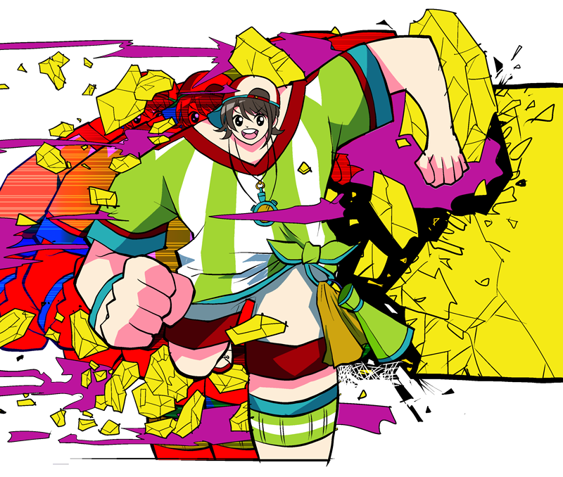 1girl, afterimage, astroganger, backwards_hat, black_eyes, broken_wall, brown_hair, clenched_hands