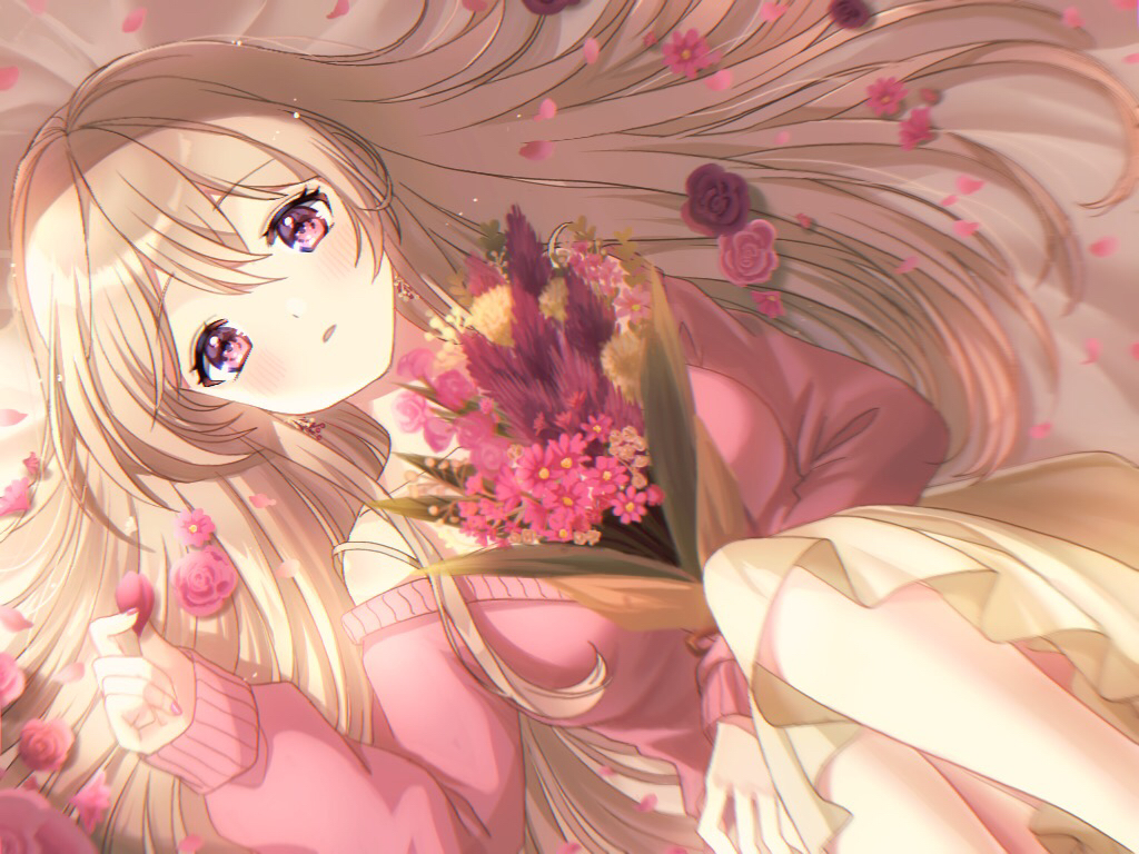 1girl, blonde_hair, bouquet, bra_strap, breasts, cardigan, dried_flower, expressionless
