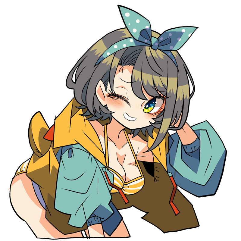 alternate_costume, arm_behind_head, bangs, bent_over, bikini, blush, bow, breasts, collarbone, eyebrows_visible_through_hair, green_bow, green_eyes, hair_behind_ear, hair_bow, hololive, hood, hoodie, looking_to_the_side, medium_breasts, one_eye_closed, oozora_subaru, smile, swimsuit, transparent_background, virtual_youtuber, yellow_hoodie, yesterday_tokyo