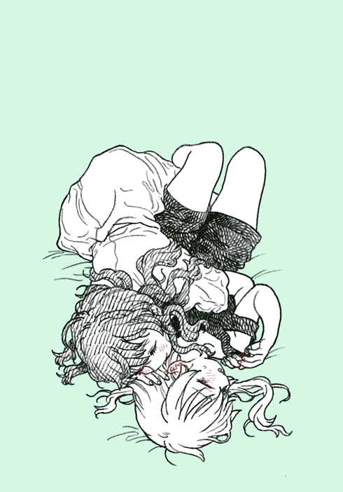 2girls, aqua_background, bed_sheet, blending, blush, closed_eyes, couple, crosshatching