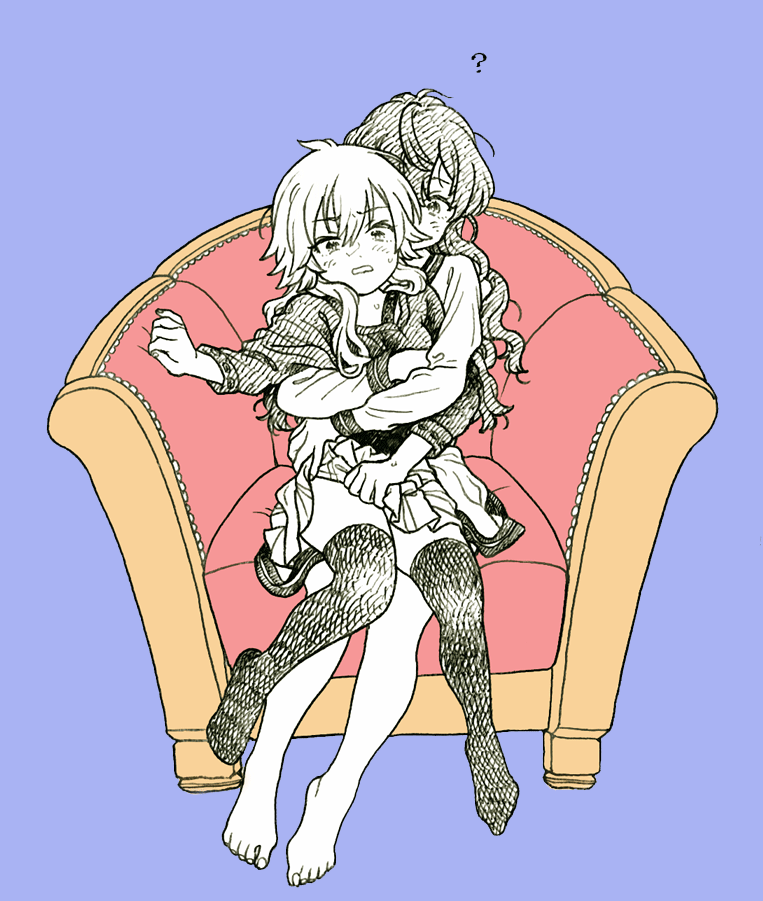 2girls, ?, arm_support, bangs, barefoot, blue_background, blush, chair