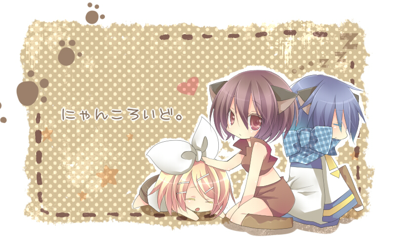 1boy, 2girls, bad_id, blonde_hair, blue_hair, boots, bow, cat_ears
