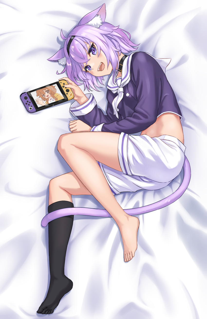 1girl, :d, absurdres, animal_ears, barefoot, bed_sheet, black_collar, black_hairband