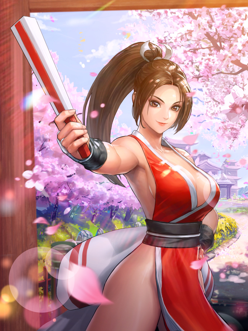 1girl, armpits, breasts, brown_eyes, brown_hair, cherry_blossoms, cleavage, closed_fan
