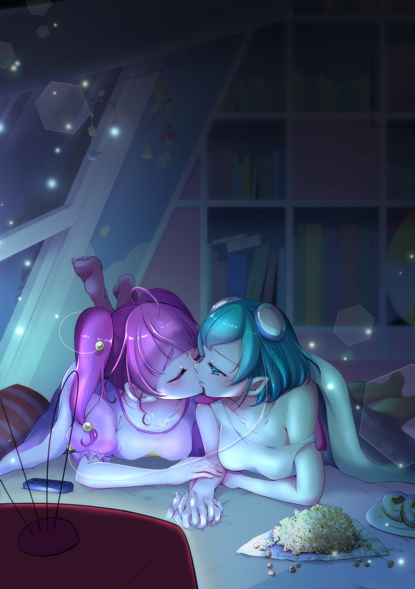 2girls, absurdres, bangs, closed_eyes, collarbone, eyebrows_visible_through_hair, green_eyes, green_hair, hagoromo_lala, half-closed_eyes, highres, holding_hands, hoshina_hikaru, interlocked_fingers, kiss, lens_flare, long_hair, lying, multiple_girls, night, noyuki1204, off_shoulder, on_stomach, pink_hair, pointy_ears, precure, shiny, shiny_hair, shirt, short_hair, short_sleeves, sleeveless, sleeveless_shirt, star_twinkle_precure, twintails, under_covers, white_shirt, yuri