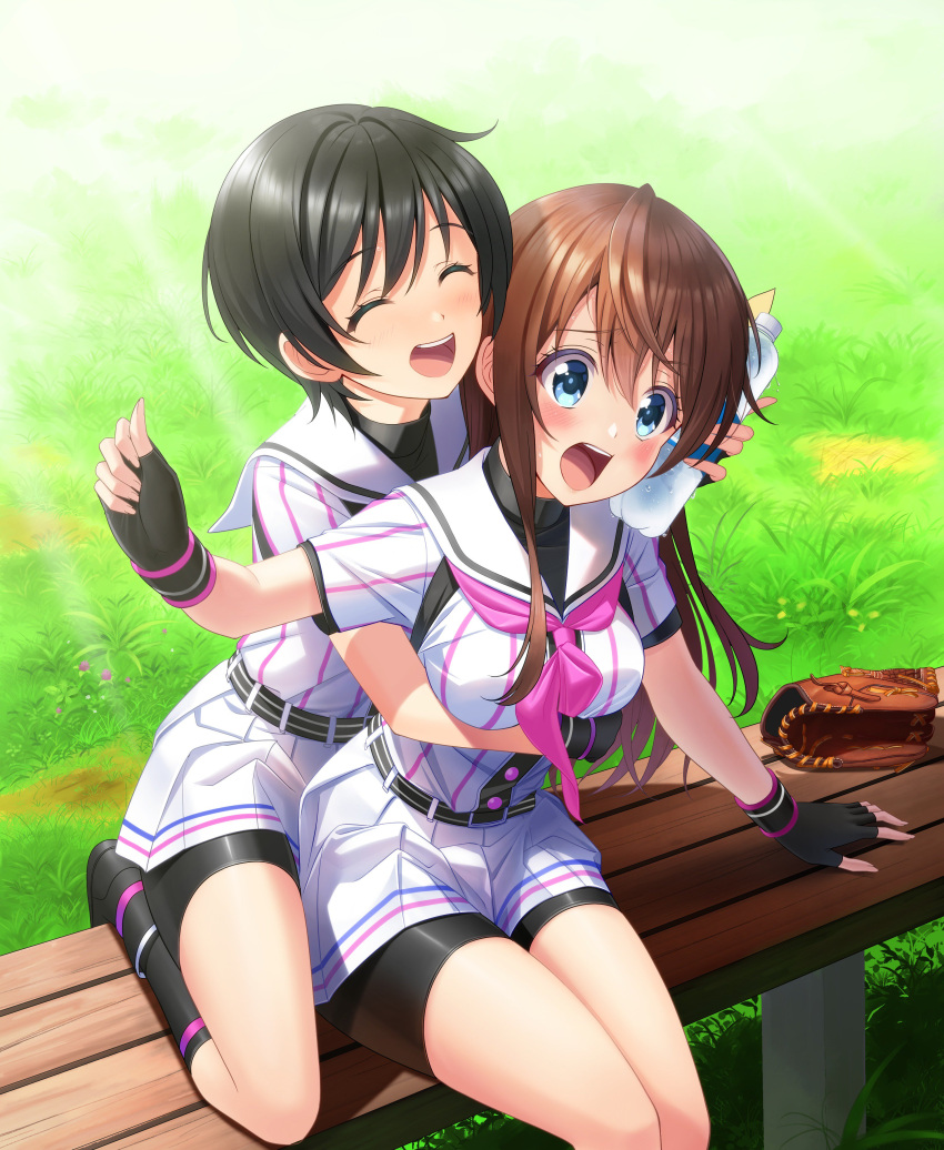 2girls, :d, ^_^, absurdres, arihara_tsubasa, bike_shorts, black_footwear, black_gloves