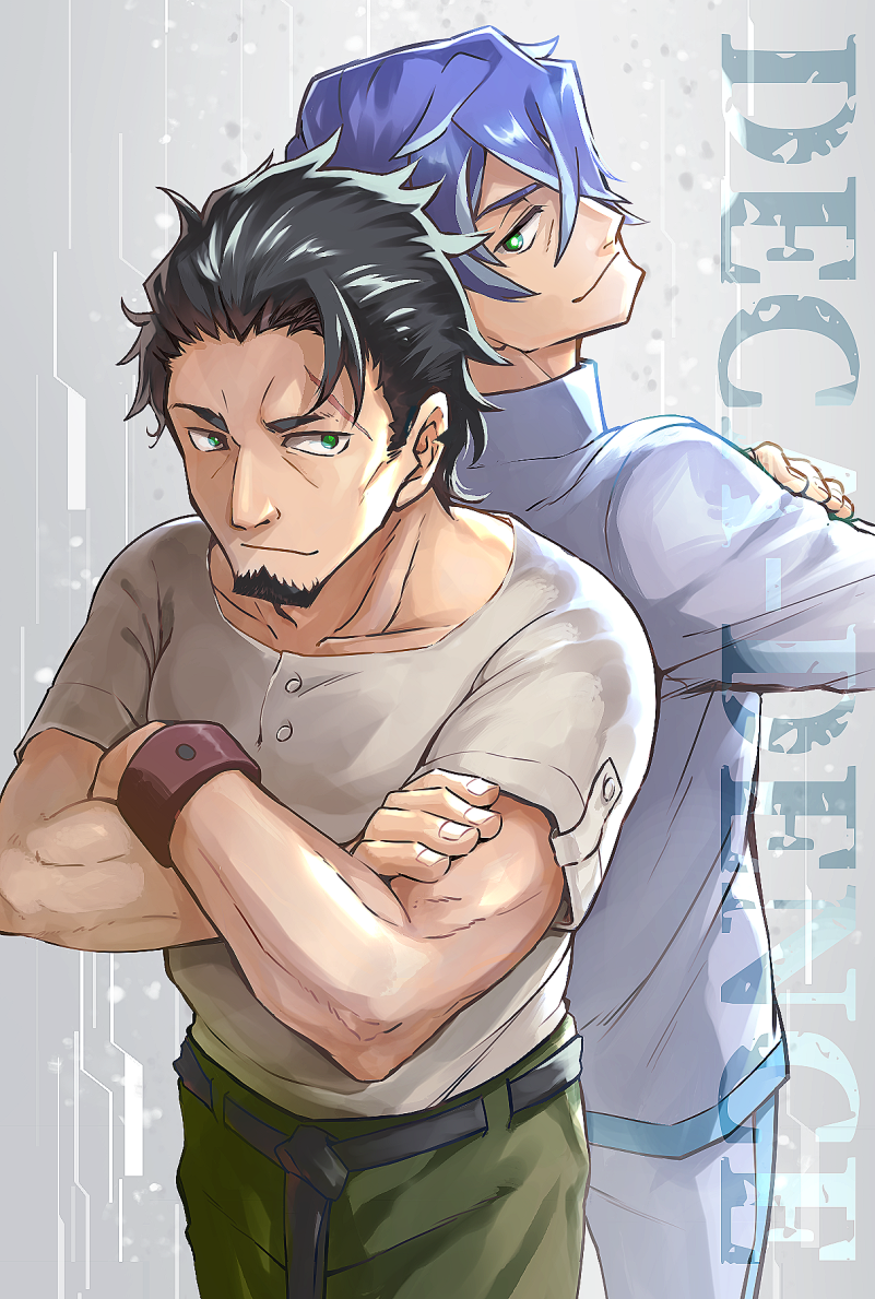 2boys, back-to-back, belt, black_belt, black_hair, blue_hair, blue_stripes, commentary_request, copyright_name, cowboy_shot, crossed_arms, decadence_(anime), facial_hair, formal, from_above, glowing, glowing_eyes, goatee, green_eyes, green_pants, hair_over_one_eye, kaburagi_(decadence), long_sleeves, looking_at_another, looking_at_viewer, looking_back, male_focus, minato_(decadence), multiple_boys, muscular, muscular_male, niina_ryou, pants, scar_on_forehead, shirt, short_sleeves, sideways_glance, suit, t-shirt, white_shirt, white_suit, wristband